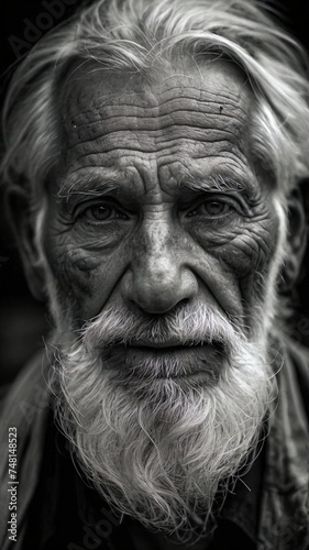 Portrait of old person, Indian poor old man face closeup black and white generative AI