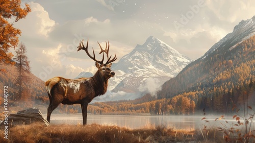 Majestic Autumn view of a red deer, Watercolor landscape. Mountains, forests, and deer.Ai generated photo