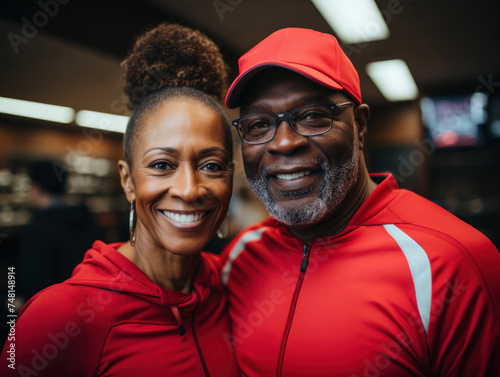 Smiling mature african american couple in sportswear standing in a gym