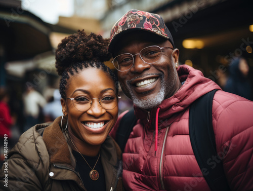 Smiling mature african american couple standing in the city in winter © Stefan
