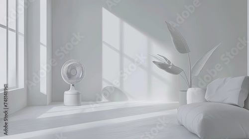 a sleek, high-end electric fan set against the backdrop of a modern, minimalist white apartment, highlighting its elegance and functionality.