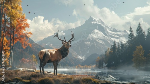 Majestic Autumn view of a red deer  Watercolor landscape. Mountains  forests  and deer.Ai generated