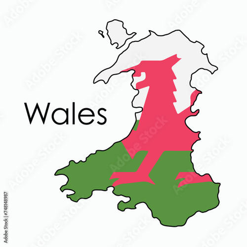 Outline drawing of Wales flag map. © tanarch