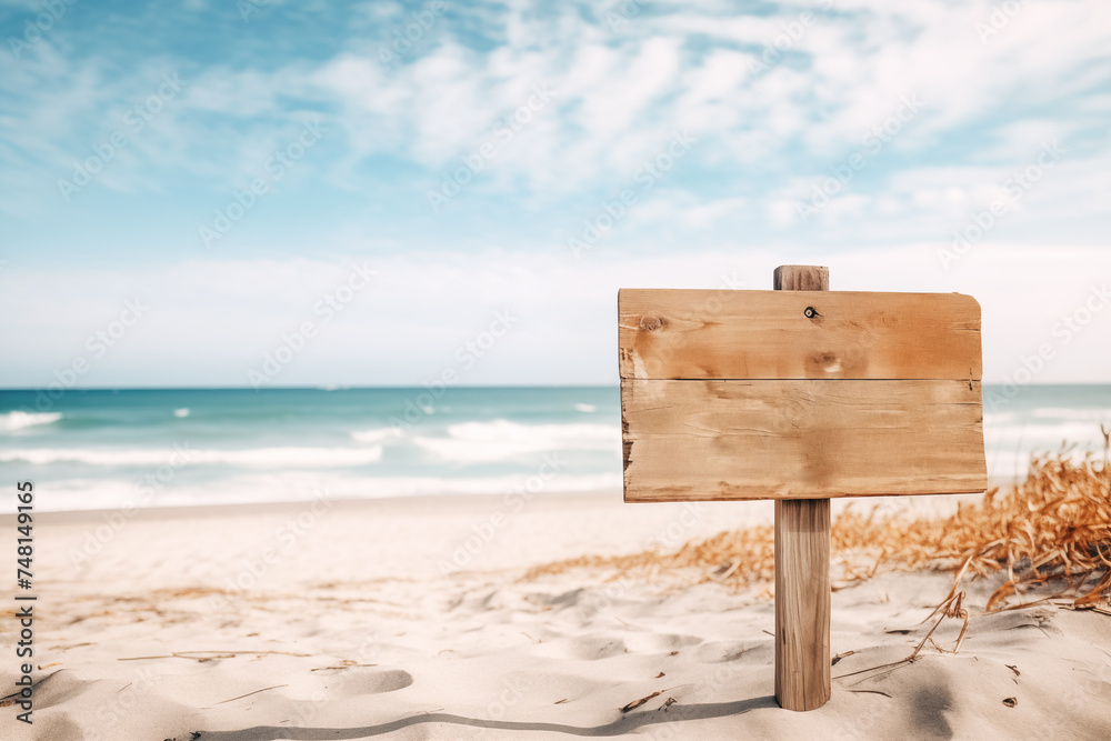 Naklejka premium Beach signboard: A vintage wooden sign stands against a backdrop of ocean waves and sandy shores.