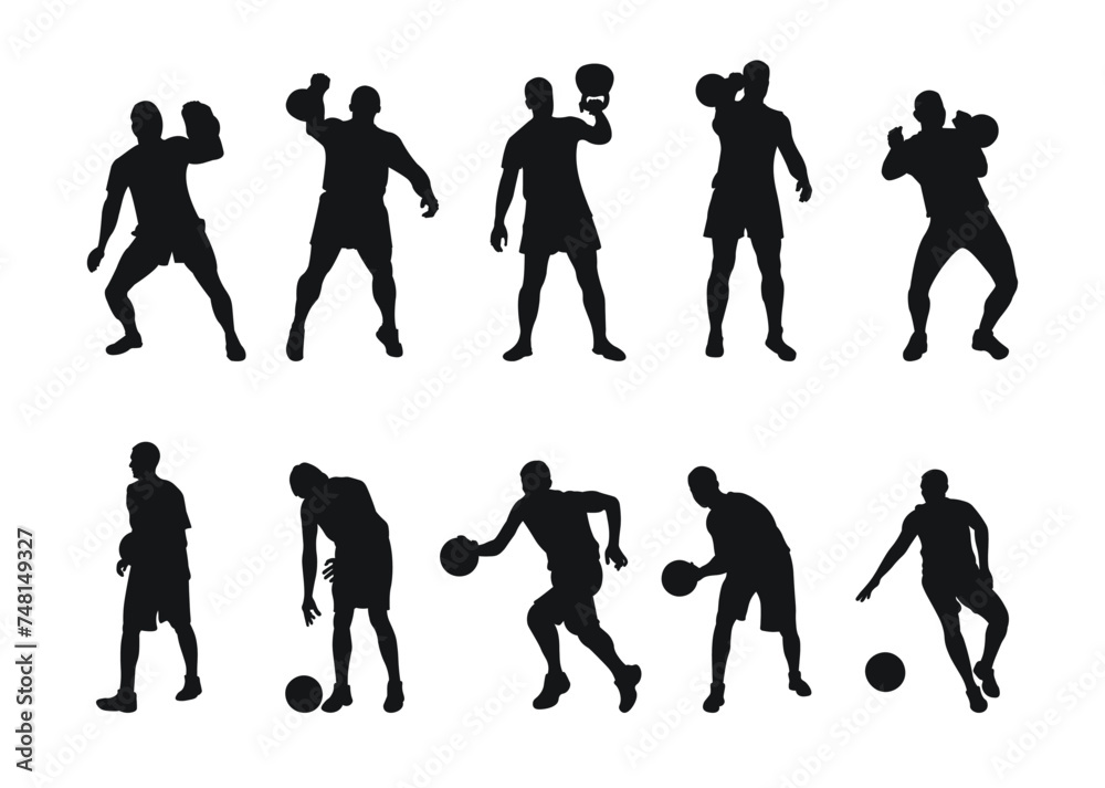 Basketball players, weight lifters, sports team, isolated vector