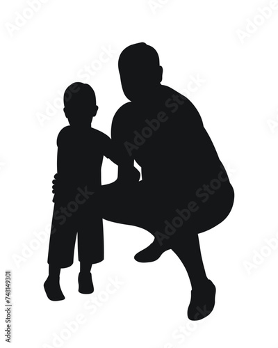Silhouette of man squatting and boy, father and son, uncle and nephew, isolated vector