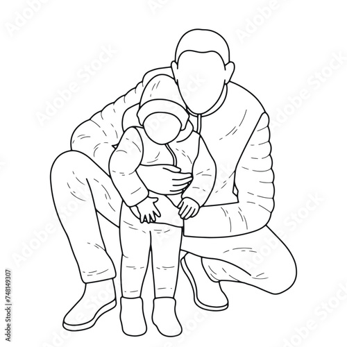 Sketch silhouette of a father squatting near his little son, isolated vector on a white background