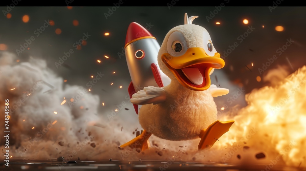 Cute cartoon duck flying in the sky with a rocket Cute cartoon duck flying in the sky with a rocket