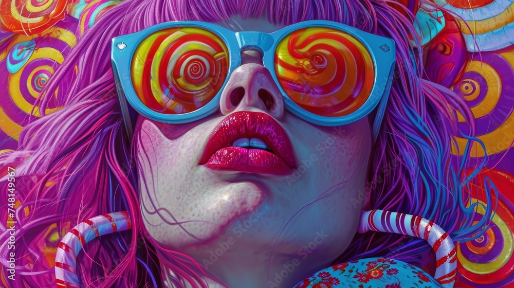 Illustration of a pretty girl with bright pink hair, blue sunglasses and colorful lollipops