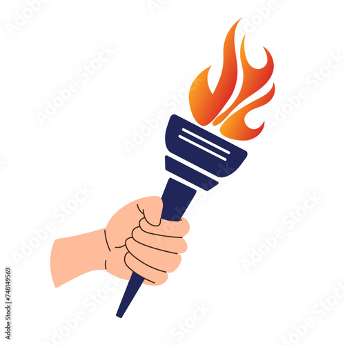 Hand with flaming torch. Vector illustration of victory and hornor concept revolution, sport, olympic flaming, shine symbol.