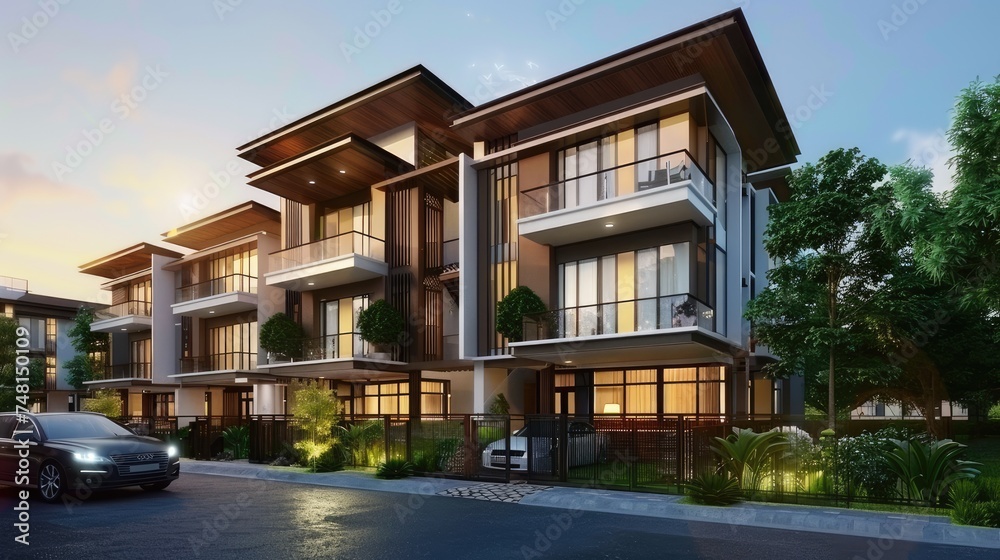 a single-section low-rise building spanning three floors, showcasing the elegance of duplex apartments within, blending modern design with functionality.