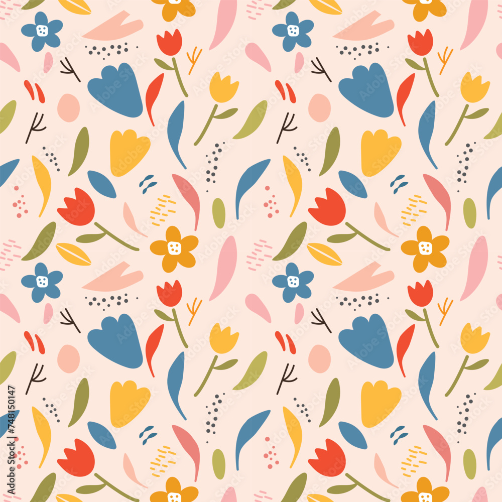 Beautiful seamless vector floral pattern, spring summer background with colorful flowers. Kids wallpaper. Flyer, poster, greeting card, invitation Beautiful seamless vector floral pattern, spring summer background with colorful flowers. Kids wallpaper. Flyer, poster, greeting card, invitation