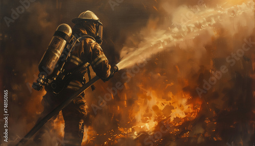fireman putting out fire in a huge dark smoke