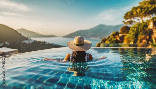 Luxury swimming pool spa resort travel honeymoon destination woman relaxing in infinity pool at hotel nature background summer holiday. © adobedesigner