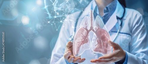 Illustration woman doctor with stethoscope while holding virtual lungs in hand. AI generated image photo