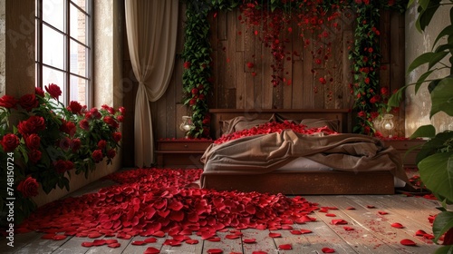 Valentine's feel interior with a bed strewn with red roses