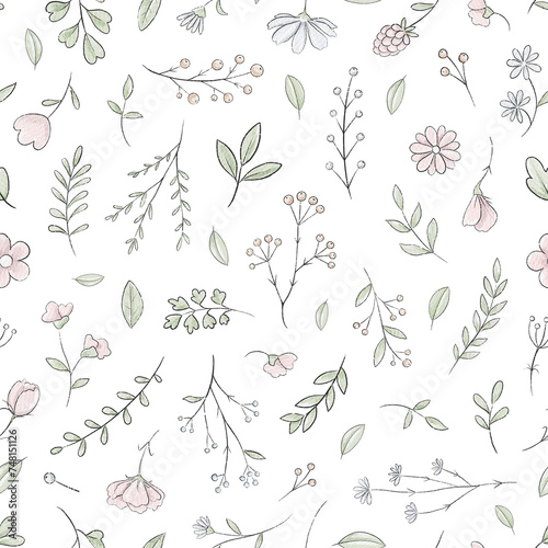 Seamless pattern with varied simple small pink flowers, plants and leaves isolated on white background. Watercolor hand drawn illustration