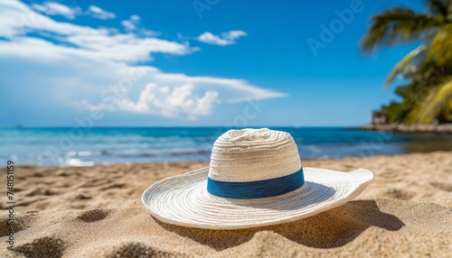 White Straw hat on the beach. Beach holiday concept