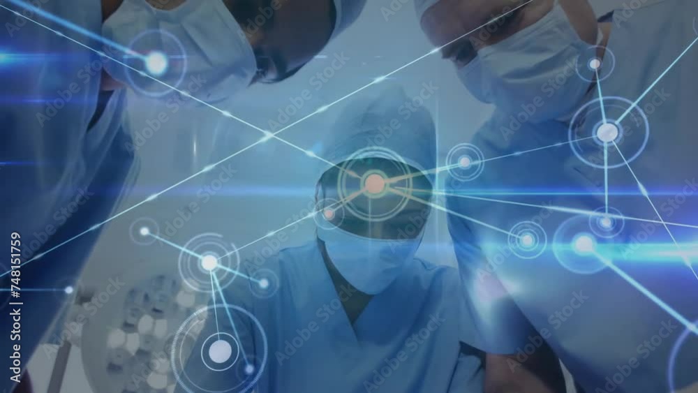 Animation of network of connections with spots over diverse surgeons during surgery Animation of network of connections with spots over diverse surgeons during surgery