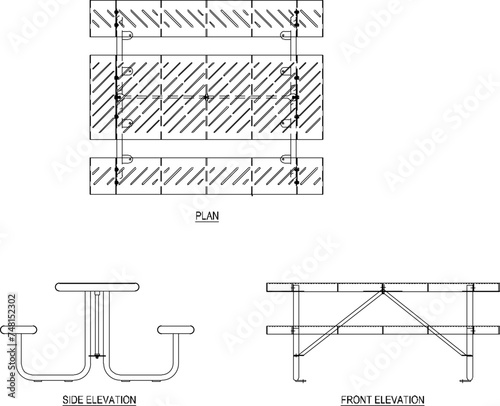 Vector sketch illustration of the design of benches and tables in modern minimalist gardens and cafes