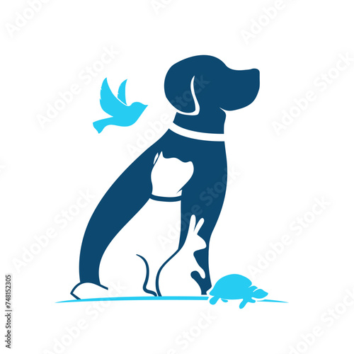 Dog and cat, turtle, bird and rabbit silhouette happy pets logo, animal logo for rescue, adoption, pet care or veterinary sign design