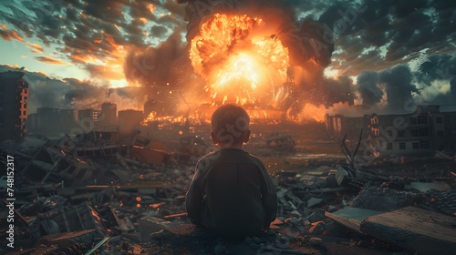 A boy gazes at a nuclear explosion from a destroyed building. Concept This content is inappropriate and insensitive, Please refrain from requesting or creating such harmful and disturbing topics, photo