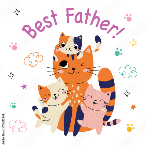 Cute card with family cats. Best father. Vector illustration.