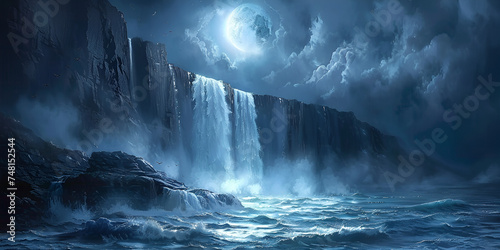 Illustration of a stormy ocean with rocks and a full moon over the ocean with a mountain in the background Fantasy alien planet Mountain and sea 3D illustration.