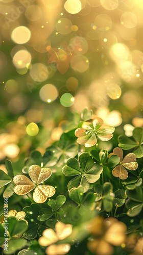 saint patrick's day with the four-leaf clover in the colors green and gold, postcard with copy space, created with generative AI technology