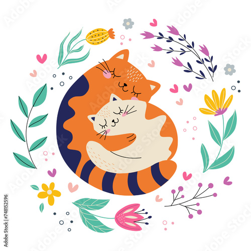 Cute card with family cats. Love you always. Vector illustration.