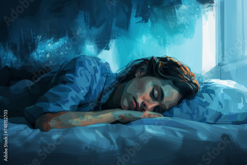 Digital illustration of a woman sleeping in bed with blue tones.