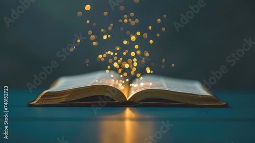 Beautiful flickering light comes out of the open holy book. Golden shining glowing light. Historical sacred textbook. Ancient shiny storybook. Magic old fairy tale. Cultural literature. Peaceful glow. photo