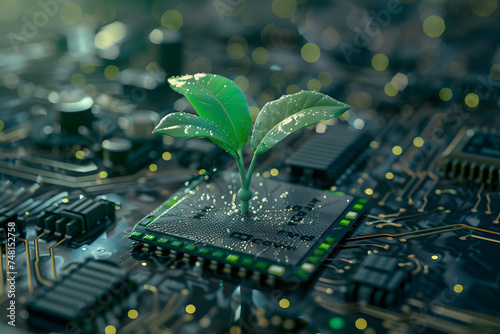 a green plant sprouting out of a computer board, electronic circuit board, recycle technology concepts, generative ai