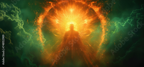 A male figure materializing from light of orange and green in a radial flash of holy divine halos. AI generated photo