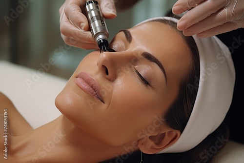 Close-up of a woman receiving a cosmetic procedure on her face with a micro-needling device to rejuvenate and tighten the skin, stimulate collagen, and reduce wrinkles and fine lines. photo