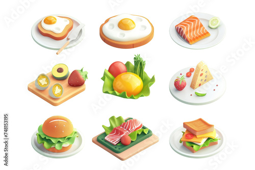 A delicious vector illustration set featuring cartoon icons of fast food items including sandwiches, hamburgers, pizzas, salads, sushi, and cheeseburgers for menus and restaurants