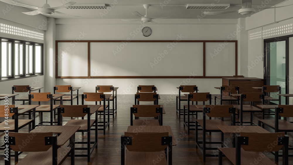 A 3D-rendered unoccupied classroom with rows of wooden desks and chairs facing a large whiteboard, illuminated by natural light from side windows.