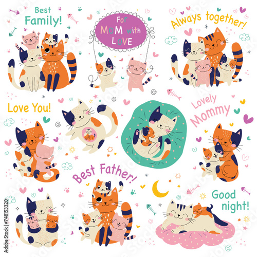 Big set. Cute card with family cats. Best family. Vector illustration. white background