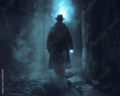 A detective in a fantasy world spies a shadowy figure with an enchanted amulet unraveling mysteries in a magical noir setting