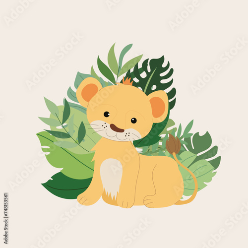 Vector illustration safari animal and tropical leaves  for kids card  posters on light background.