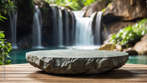 Empty nature stone table for product display with waterfall background