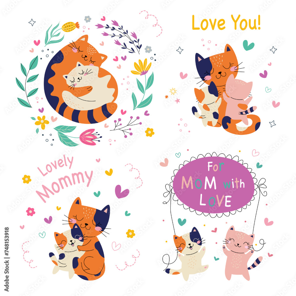 Naklejka premium Cute card with family cats. Set Always together. Vector illustration. white background