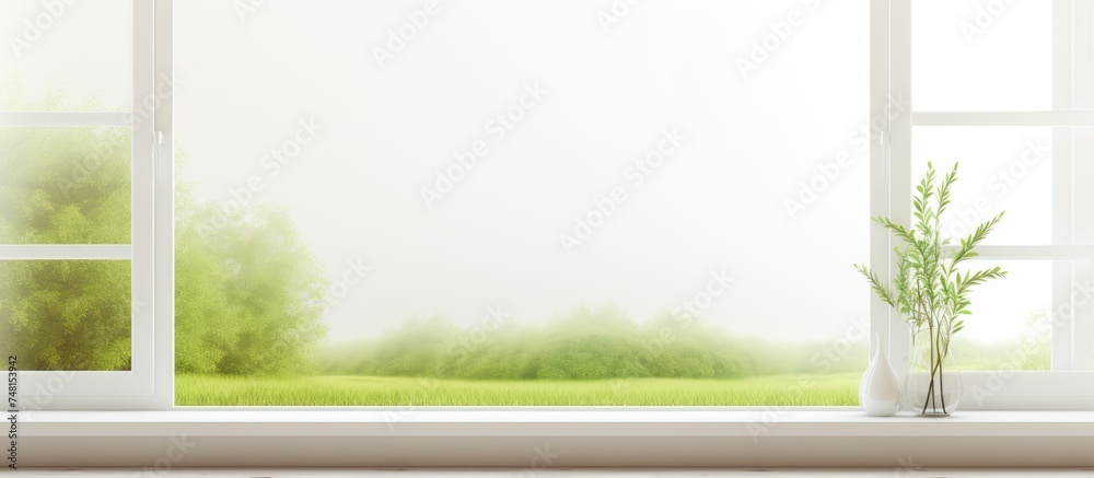 A window inside a room or building provides a view of a vast field ...
