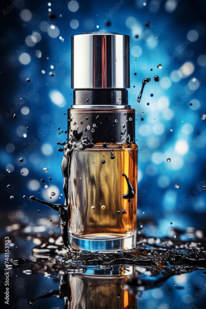 Elegant Perfume Bottle with Water Splash on Black Reflective Surface, Luxury Fragrance Concept for Beauty and Fashion Industry, High Quality Image Suitable for Advertisement and Promotion Materials.