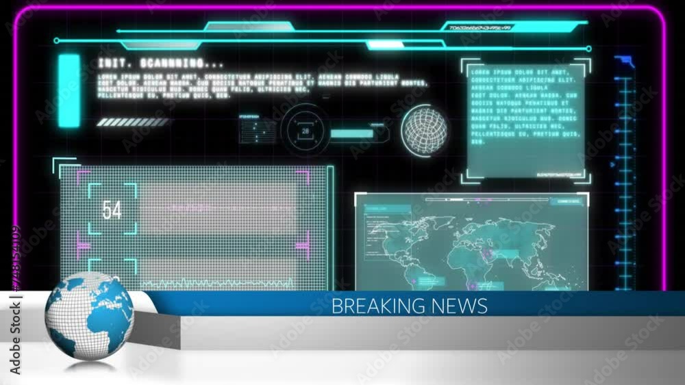Animation of breaking news text over data processing and globe Animation of breaking news text over data processing and globe