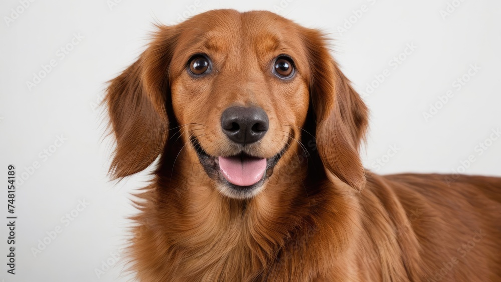 Portrait of Red long haired dachshund dog on grey background