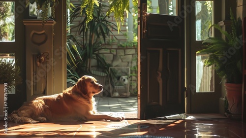 A dog standing on the threshold of a house