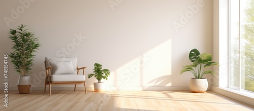 A contemporary room with wooden floors  a single chair  several potted plants  and a large window letting in sunlight.