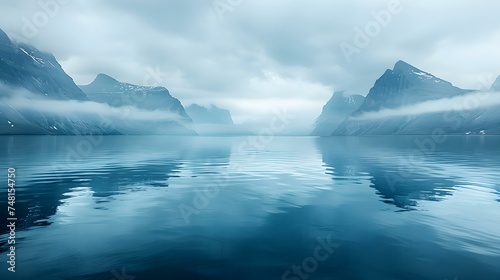 Foggy ocean with mountain reflection ideal for virtual backgrounds and presentations. Concept Foggy Ocean, Mountain Reflection, Virtual Backgrounds, Presentations