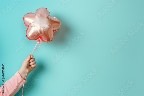childs hand holding a flower shaped balloon on a pastel background for mothers day